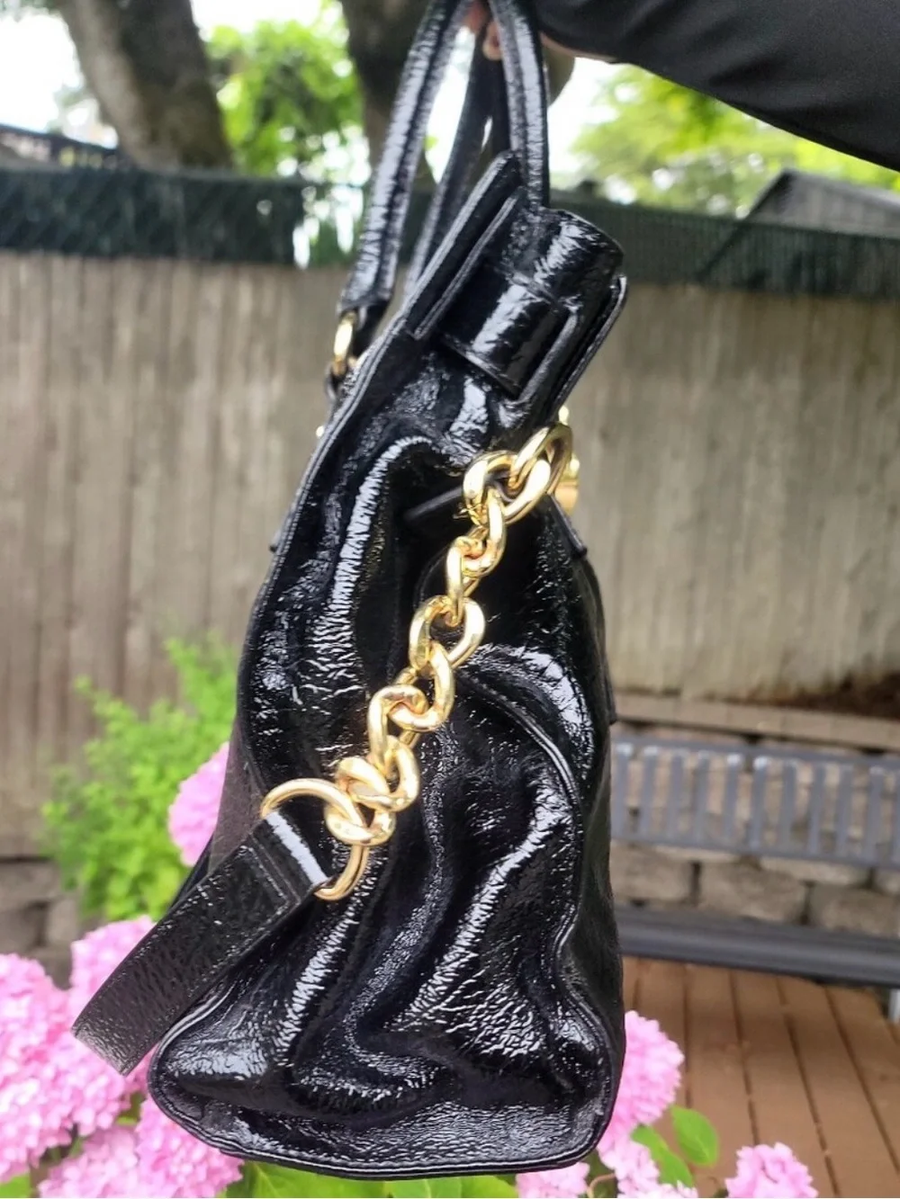 Michael Kors Black Patent Satchel with Gold Hardware